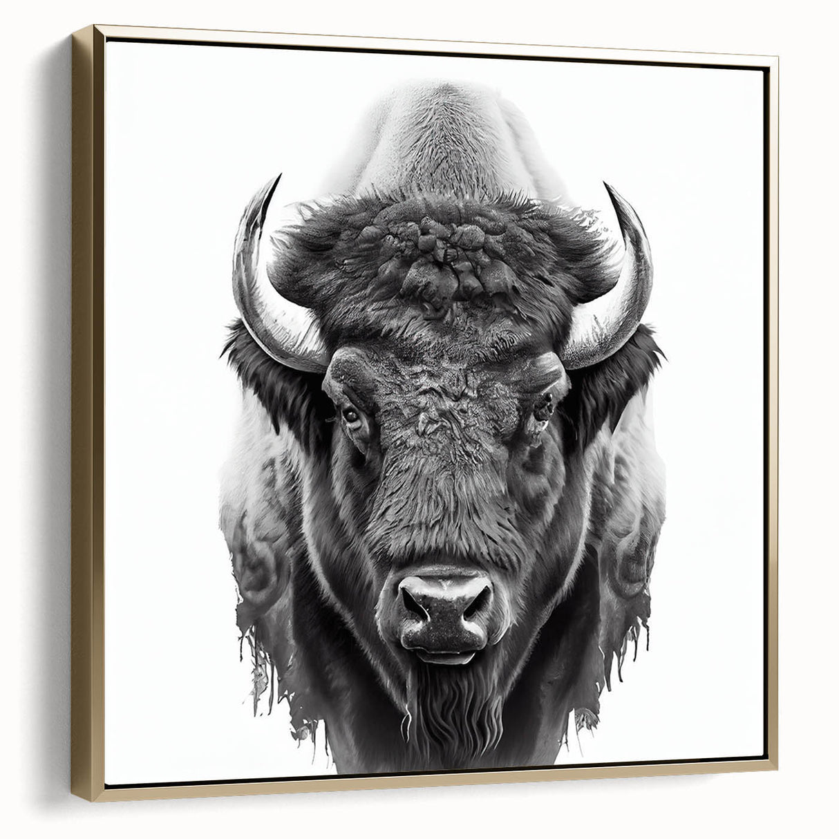 Framed canvas wall art showcasing a majestic buffalo design in rich gold tones, set against a textured background, perfect for wildlife enthusiasts and home decor.