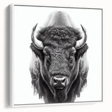 Framed canvas wall art showcasing a side view of a majestic buffalo, featuring realistic details and earthy tones, perfect for wildlife enthusiasts and home decor.