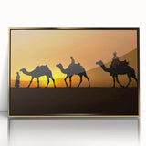 Framed wall art depicting a majestic camel in a vibrant desert landscape, showcasing intricate details and golden accents, perfect for wildlife enthusiasts and home decor.