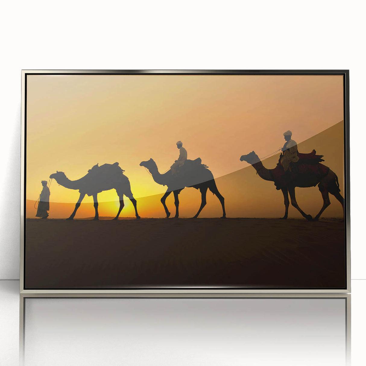 Framed wall art featuring a detailed silver-accented camel design, showcasing its majestic form in a wild desert setting, ideal for animal lovers and modern decor.