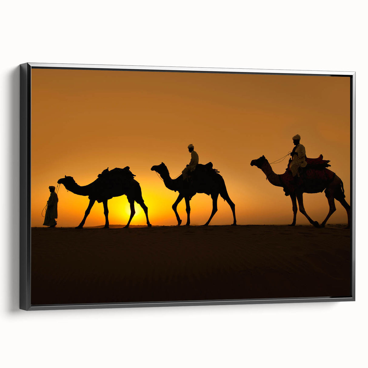 Framed canvas wall art featuring a side view of a stylized camel design, set against a sleek black background, ideal for wildlife-themed decor.