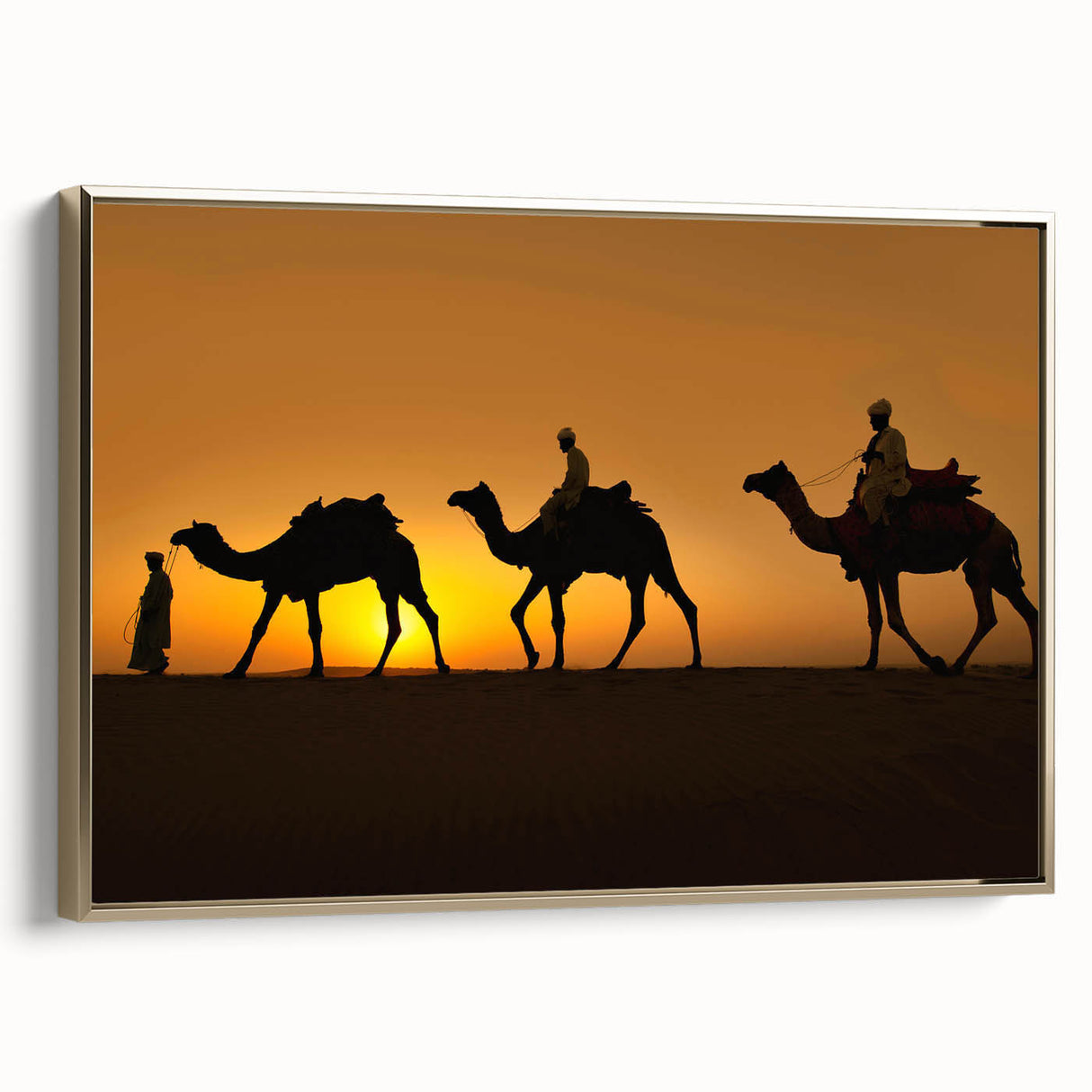 Framed wall art featuring a side view of a majestic camel design in gold tones, ideal for adding elegance to any room decor. Perfect for animal lovers and desert-themed interiors.