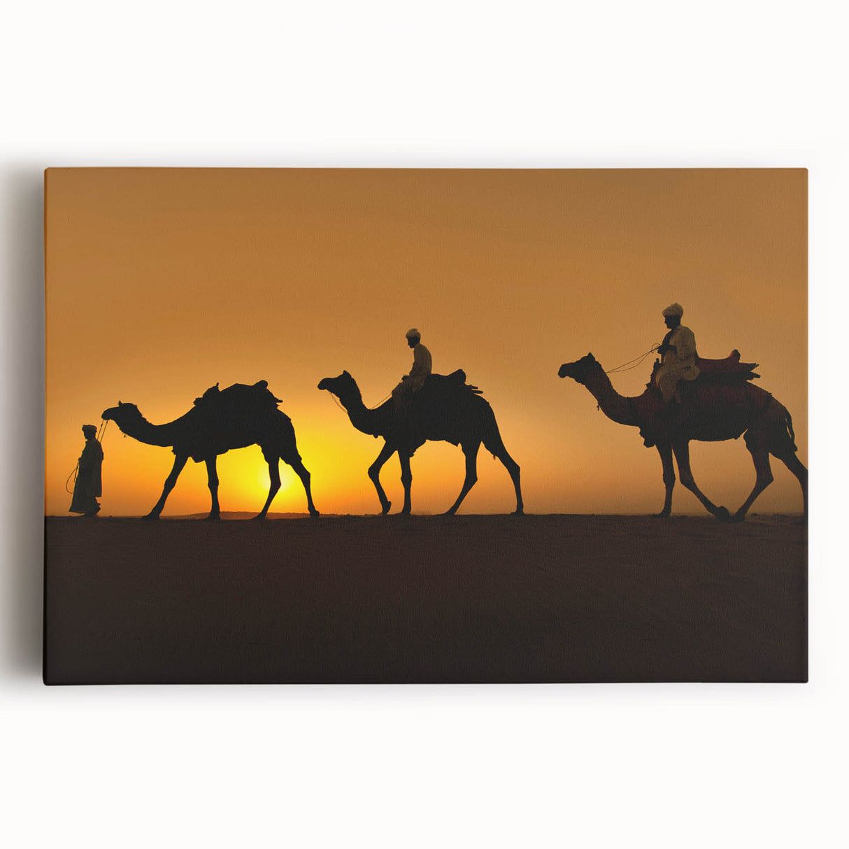 Stretched canvas wall art featuring a front view of a majestic camel, showcasing intricate details and earthy tones, perfect for wildlife enthusiasts and home decor.
