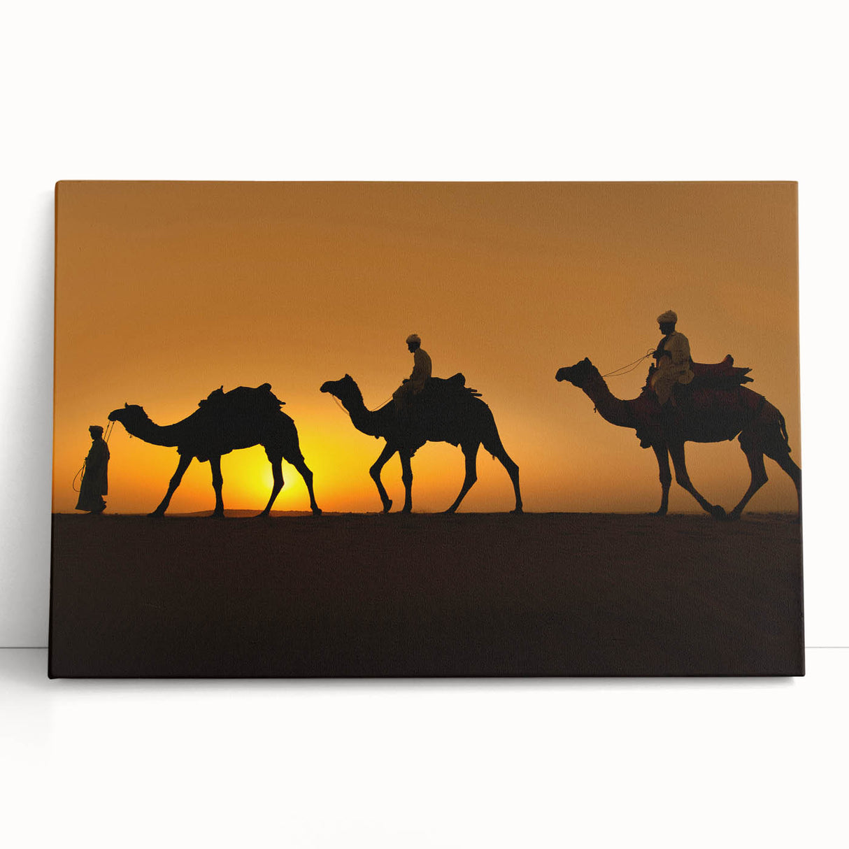 Stretched canvas wall art depicting a vibrant camel design in a desert landscape, showcasing warm earthy tones and intricate details, ideal for animal lovers and home decor.