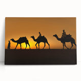 Stretched canvas wall art depicting a vibrant camel design in a desert landscape, showcasing warm earthy tones and intricate details, ideal for animal lovers and home decor.