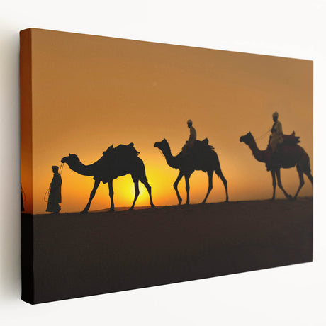 Side view of a stretched canvas wall art featuring a camel design in a vibrant desert landscape, showcasing warm earthy tones and intricate details, perfect for animal lovers.