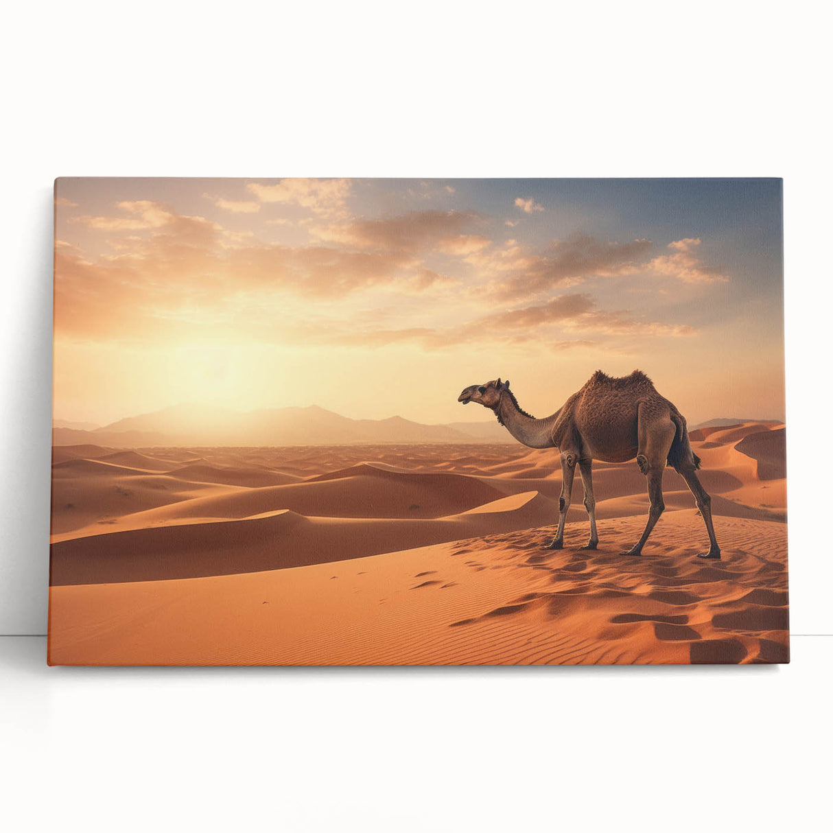 Stretched canvas wall art featuring a stylized camel design, showcasing earthy tones of beige and brown, ideal for animal-themed decor in modern interiors.
