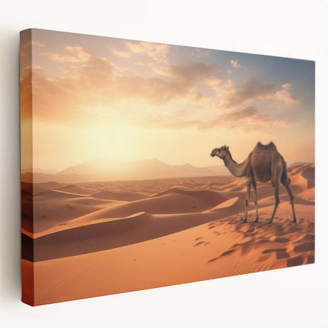 Stretched canvas wall art showcasing a side view of a majestic camel in a desert landscape, highlighting warm earthy tones and intricate details, perfect for animal lovers.