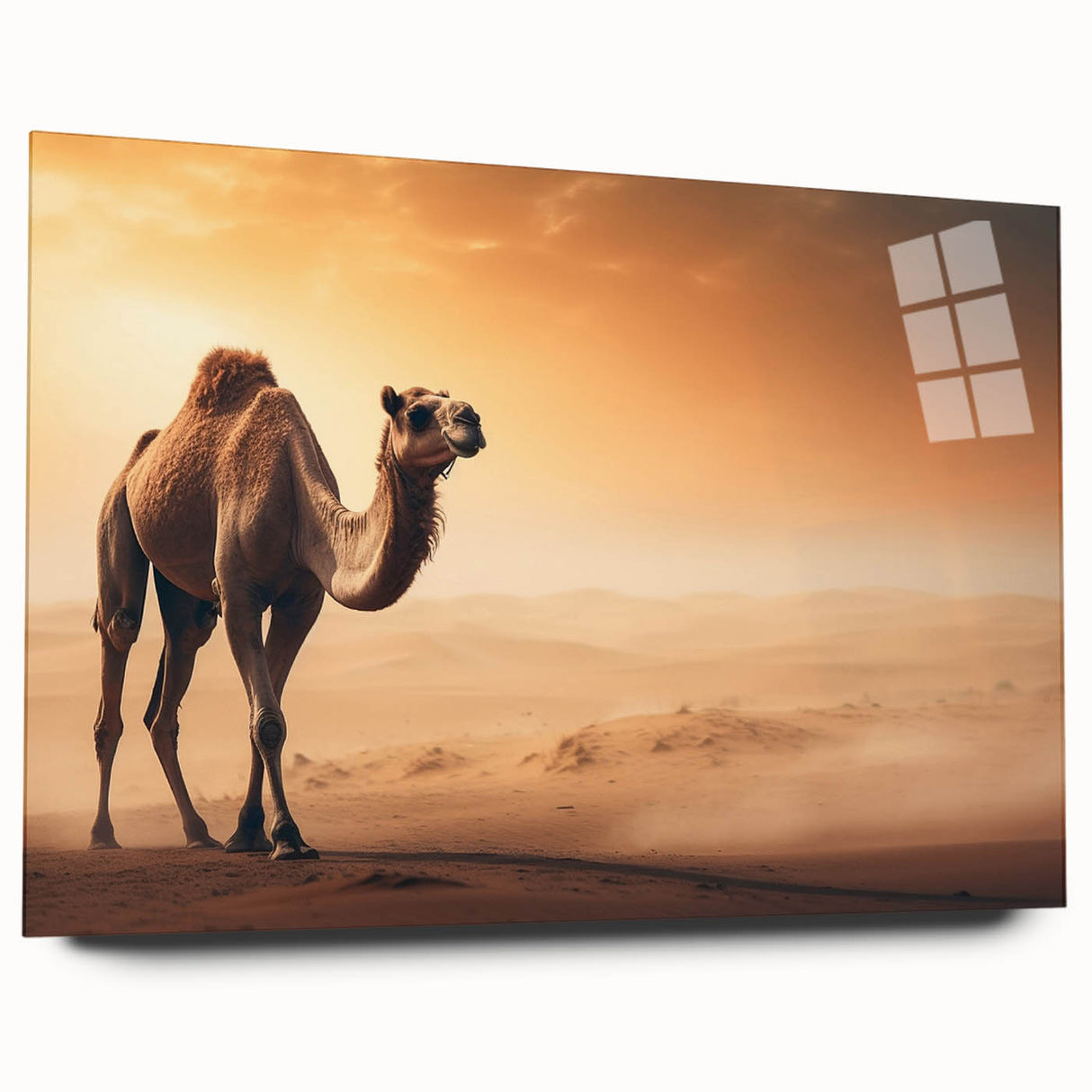 Side view of a contemporary acrylic wall art piece featuring a majestic camel design, perfect for animal lovers and desert-themed decor, showcasing vibrant colors and intricate details. Ideal for enhancing modern living spaces or galleries.