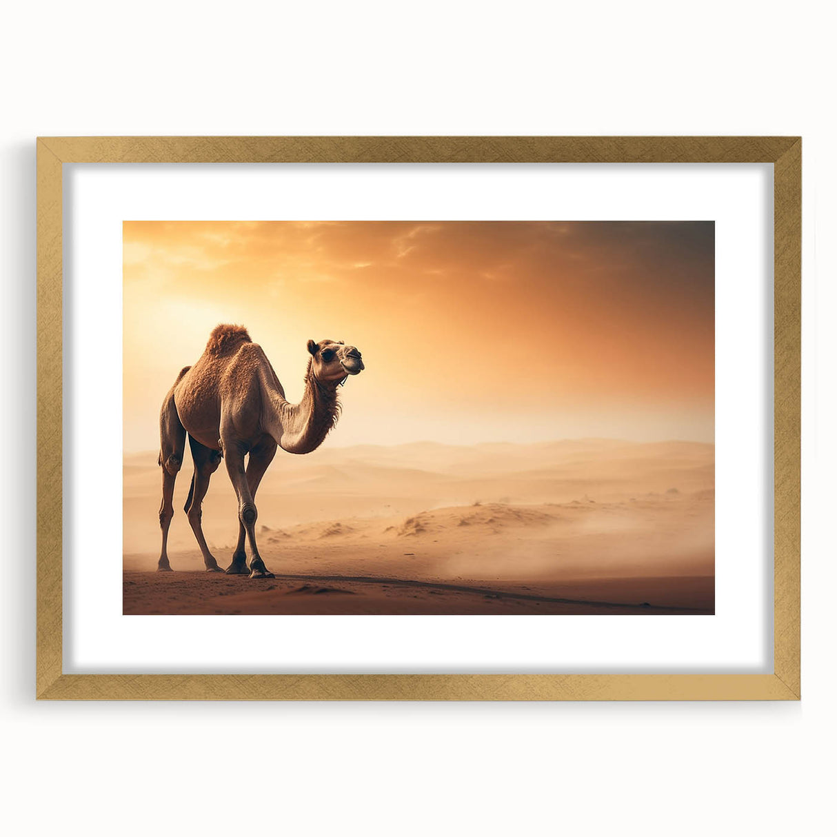 Gold-framed wall art featuring a striking camel design from the Animals A Wild Life collection, set against a white mat background, perfect for enriching modern decor.