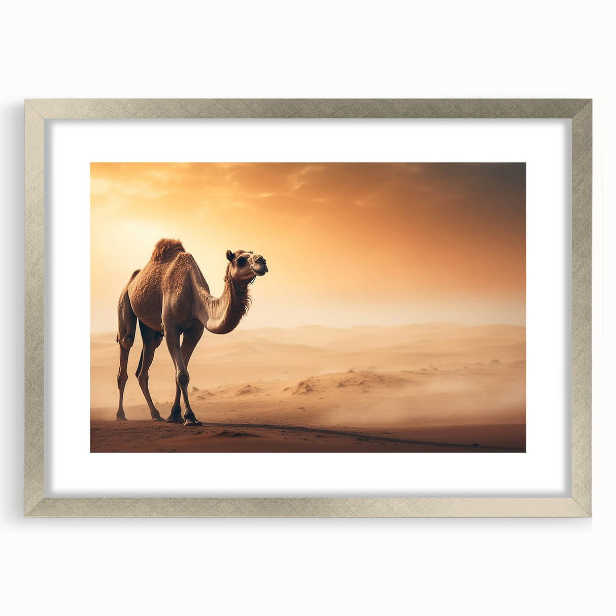 Stylish wall art featuring a silver-framed camel design, showcasing intricate details and vibrant colors, perfect for enhancing modern home decor. Ideal for animal lovers and art enthusiasts seeking unique decorative pieces.