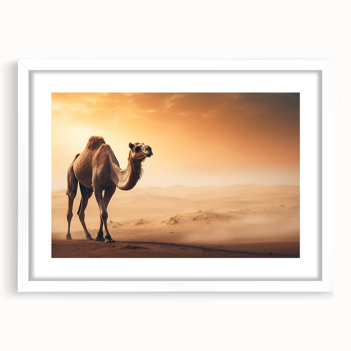 White-framed wall art featuring a detailed camel design, part of a wildlife collection, with a mat for added elegance. Ideal for animal lovers' home decor.