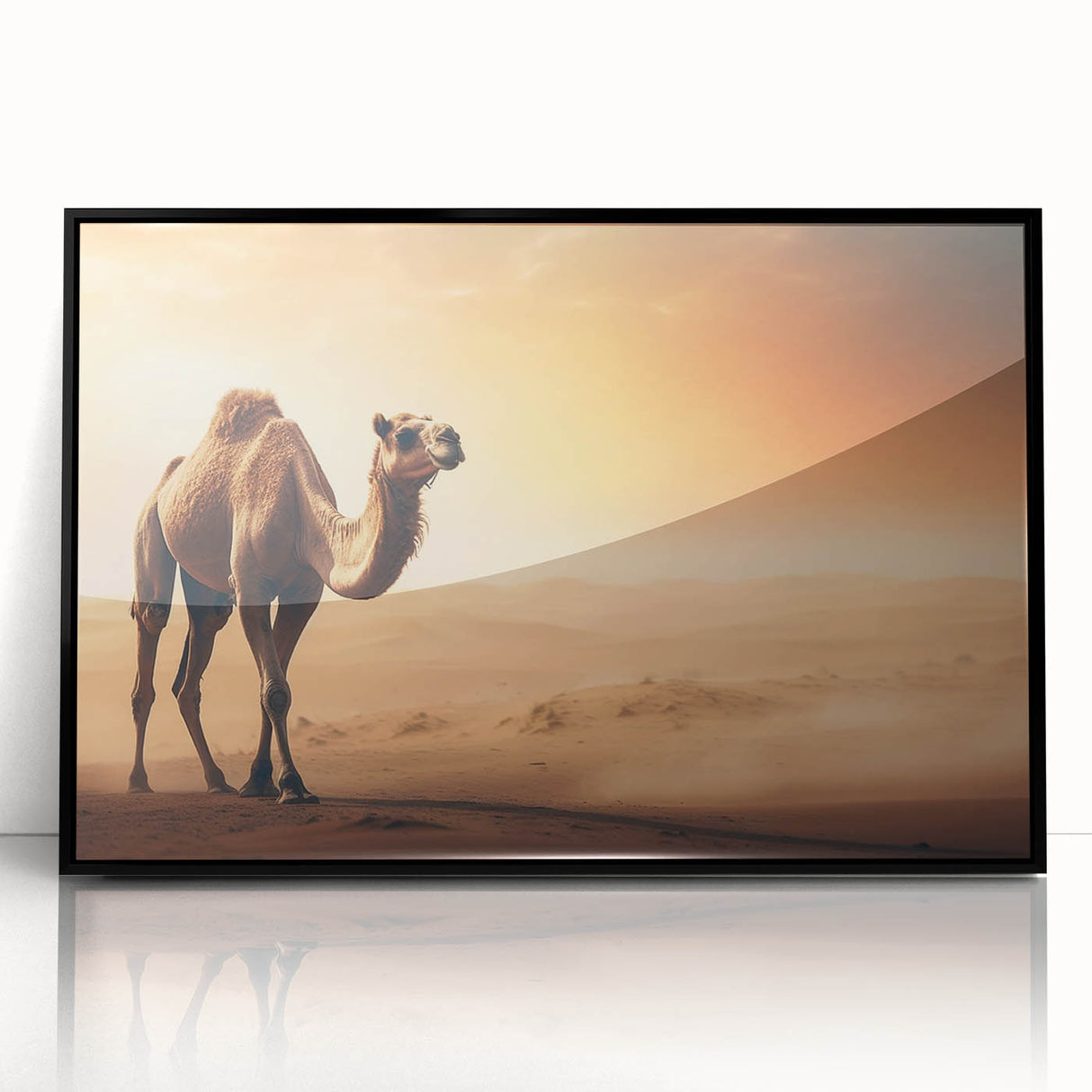 Framed wall art featuring a striking camel design in a black frame, ideal for enhancing modern decor, showcasing intricate details and vibrant colors.