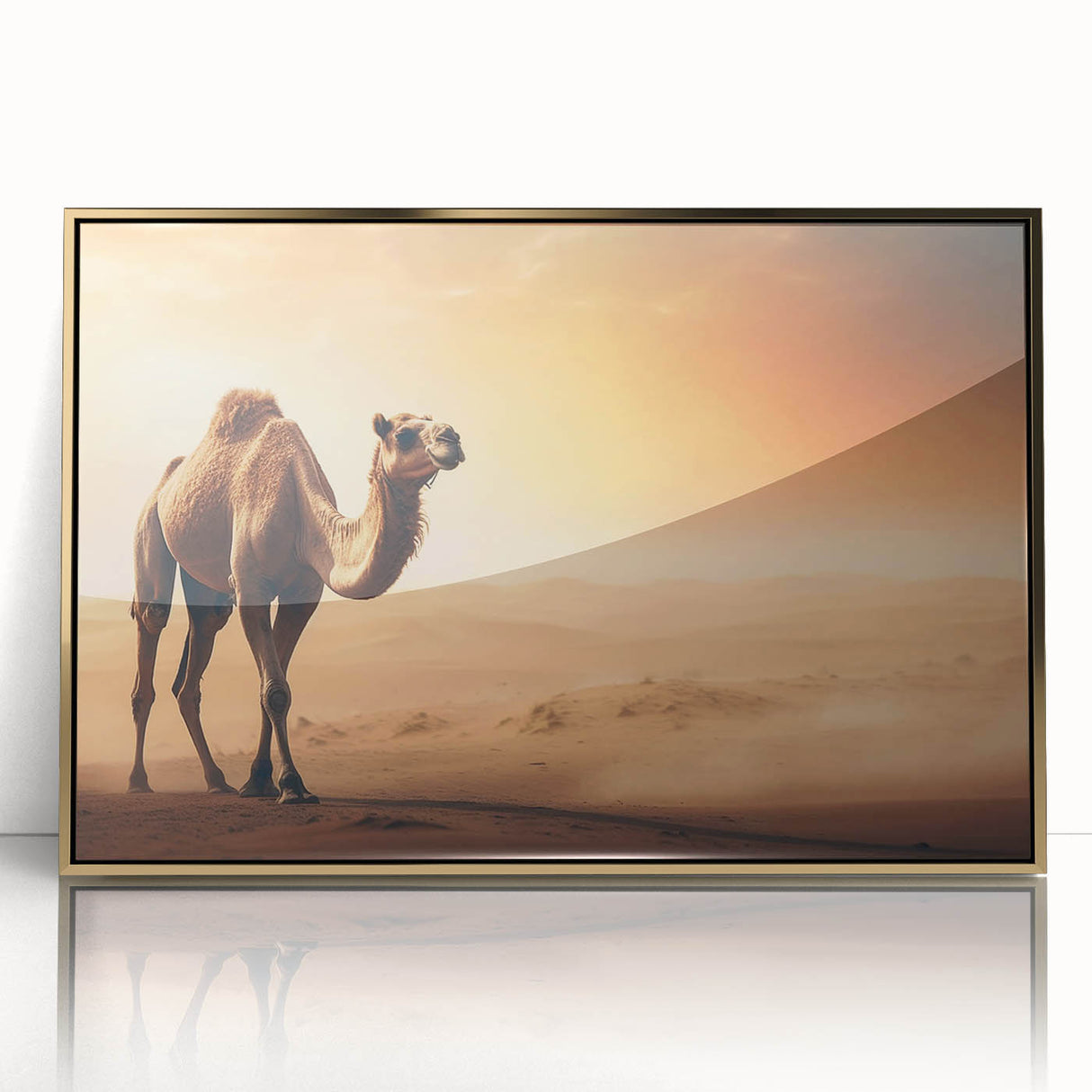 Framed wall art featuring a striking gold-accented camel design, set against a clean white background. This unique piece adds a touch of elegance and wildlife charm to any decor, ideal for animal lovers and art enthusiasts.