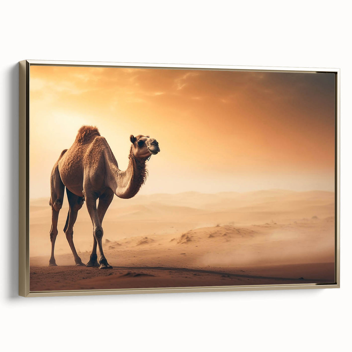 Framed wall art featuring a side view of a golden camel design, showcasing intricate details on a textured canvas, perfect for enhancing safari-themed decor.