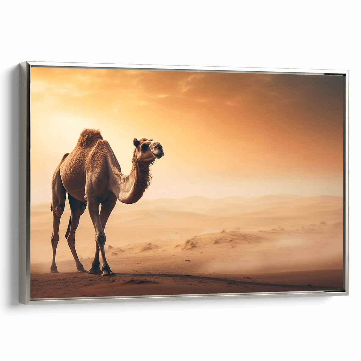 Framed wall art showcasing a silver side-view design of a camel, highlighting its intricate details and textures, perfect for adding a touch of wildlife elegance to any space.