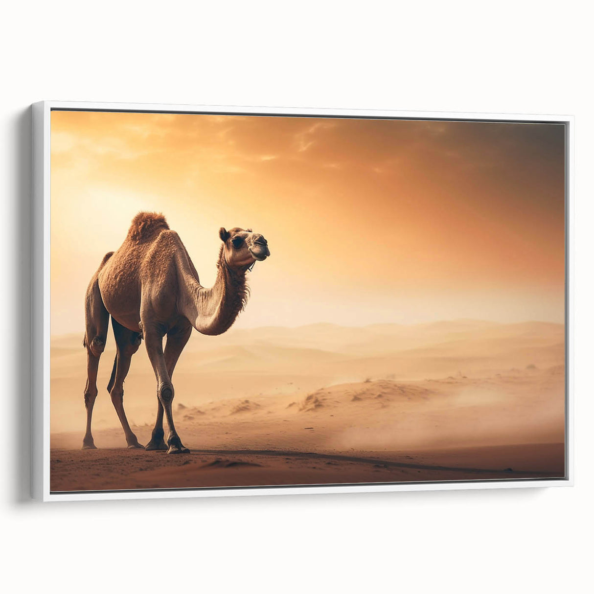 Framed wall art showcasing a side view of a camel in a minimalist design, perfect for adding a touch of wildlife-inspired elegance to modern decor. The artwork features neutral colors, enhancing any interior space while celebrating nature's beauty.