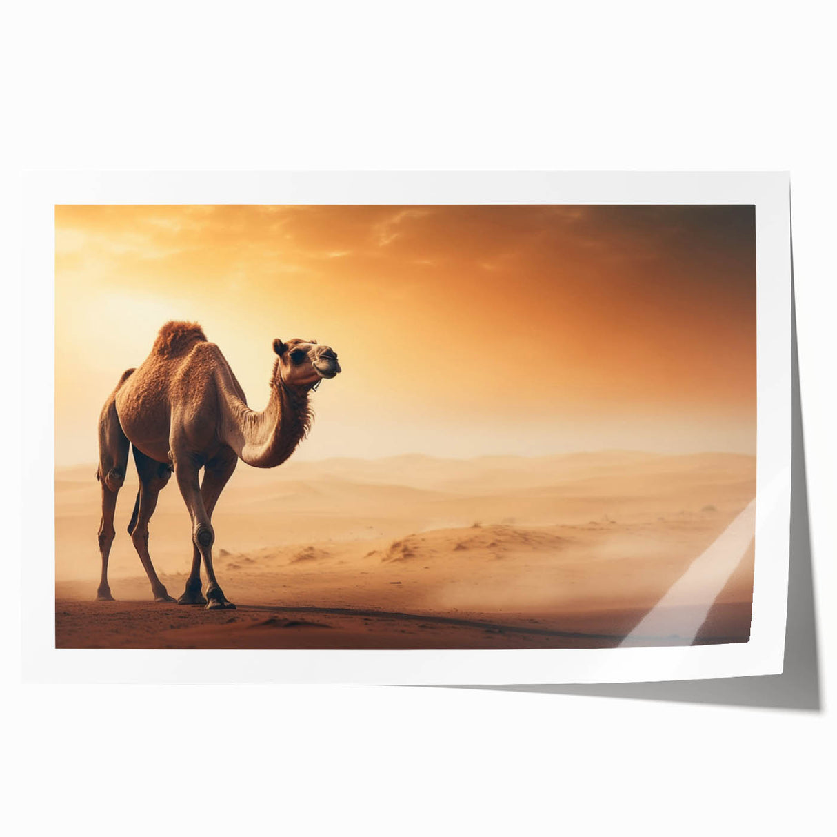 Colorful camel-themed wall art print showcasing intricate tribal designs, rolled and ready for display, perfect for adding a vibrant touch to home decor.