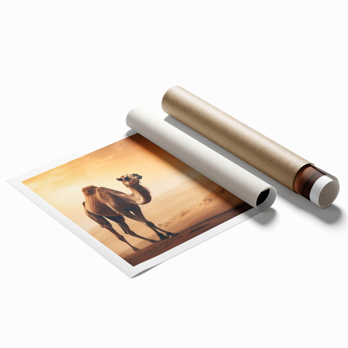 Camel-themed wall art featuring a vibrant, colorful design, showcasing a stylized camel in a desert landscape, printed on high-quality canvas for home decor.