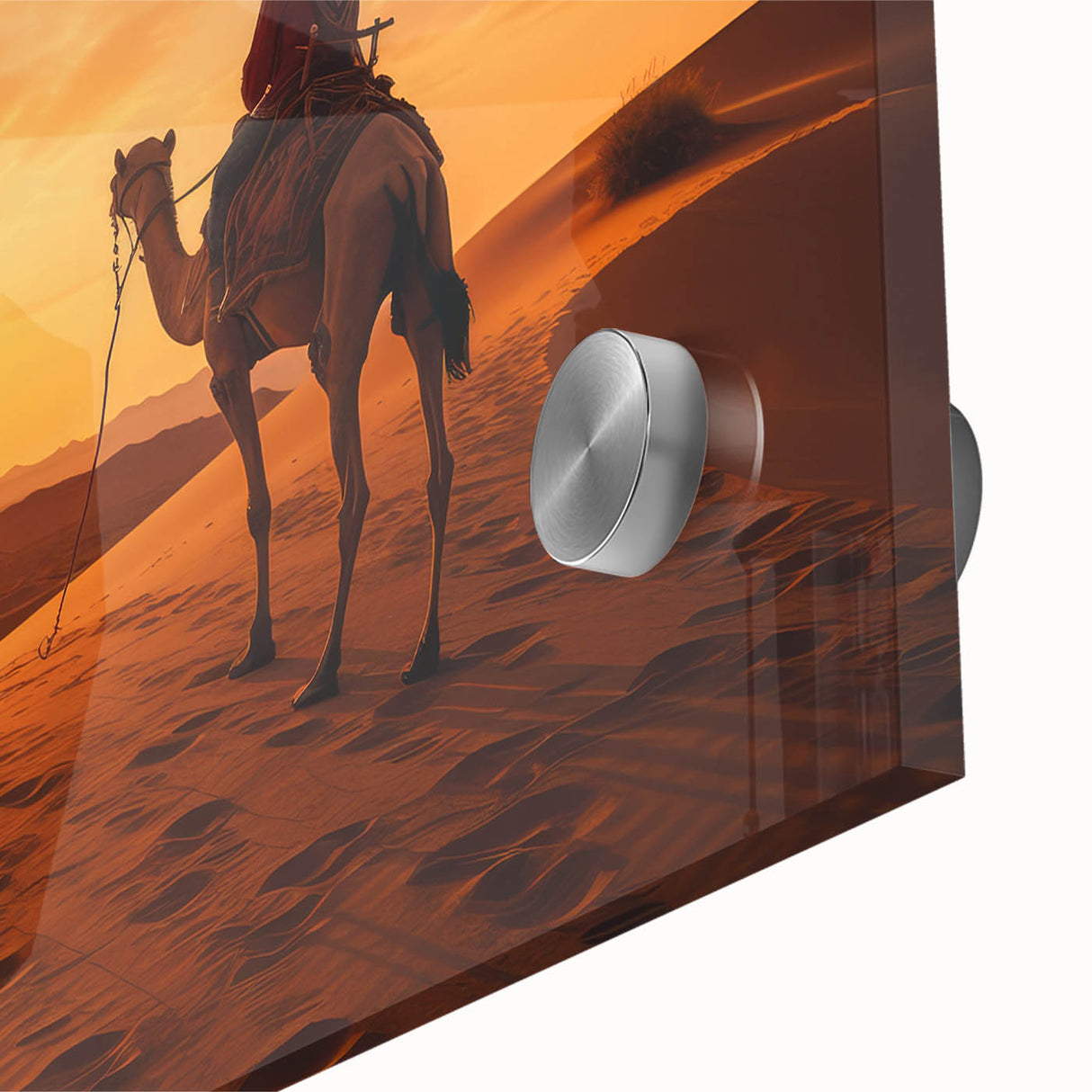 Close-up of a vibrant acrylic wall art piece showcasing a detailed camel design, featuring earthy tones and intricate patterns, perfect for wildlife enthusiasts and modern decor.