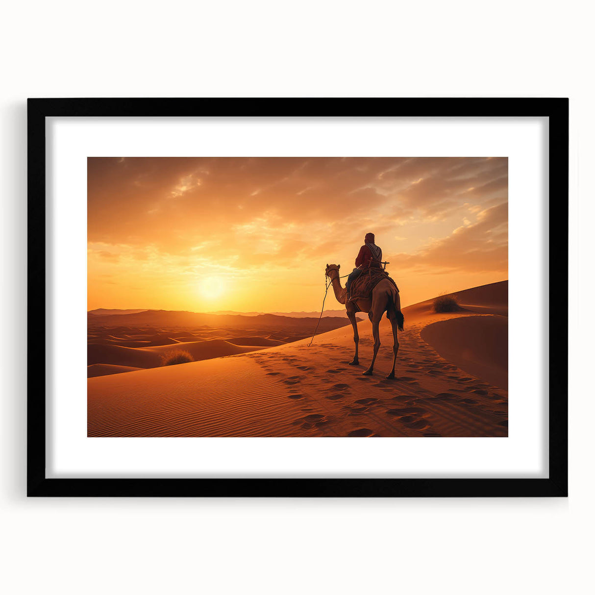 Black-framed wall art featuring a camel design in a desert landscape, showcasing vibrant colors and intricate details, perfect for enhancing home decor.