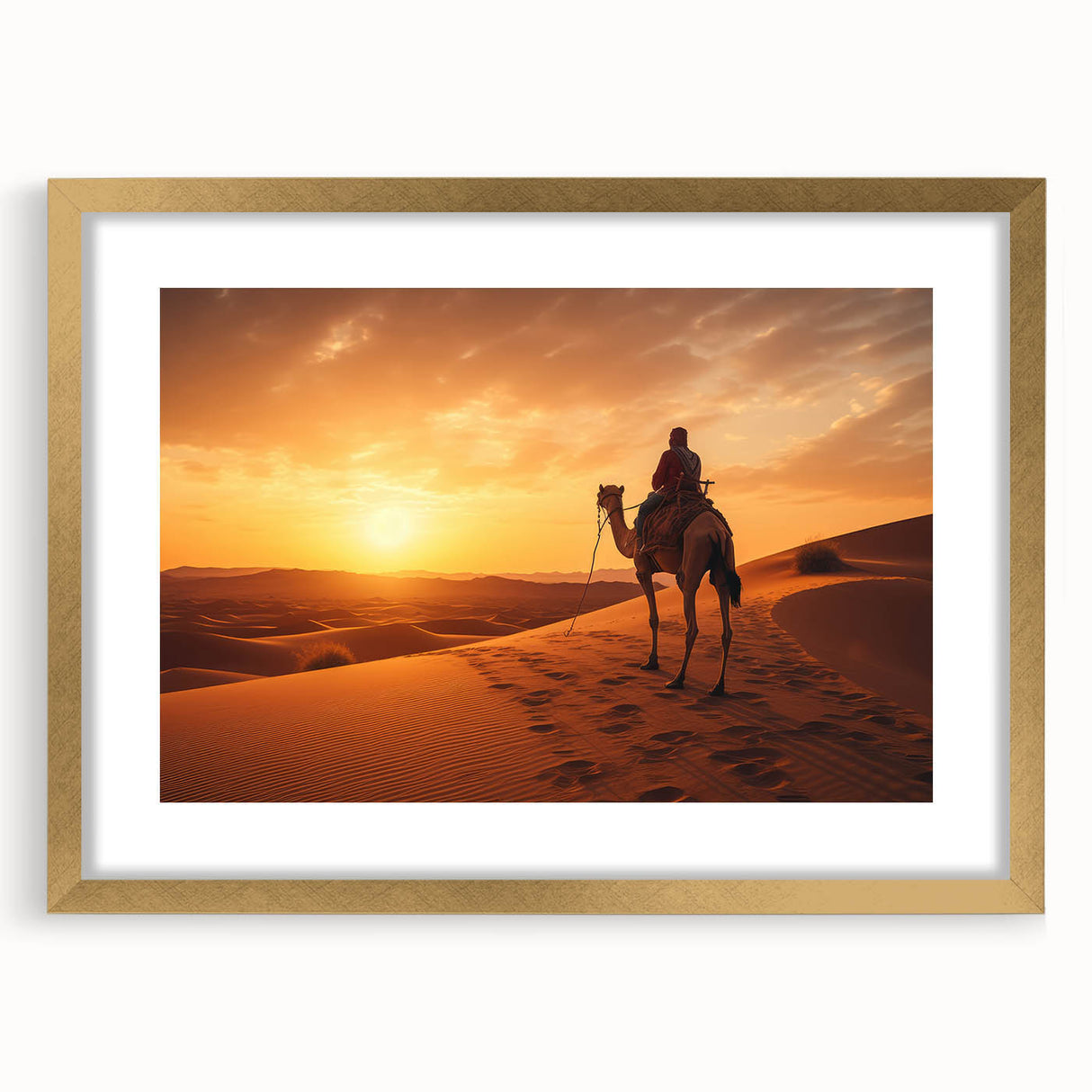 Elegant gold-framed wall art showcasing a detailed camel design, part of a wildlife collection, set against a soft mat background, ideal for home decor.