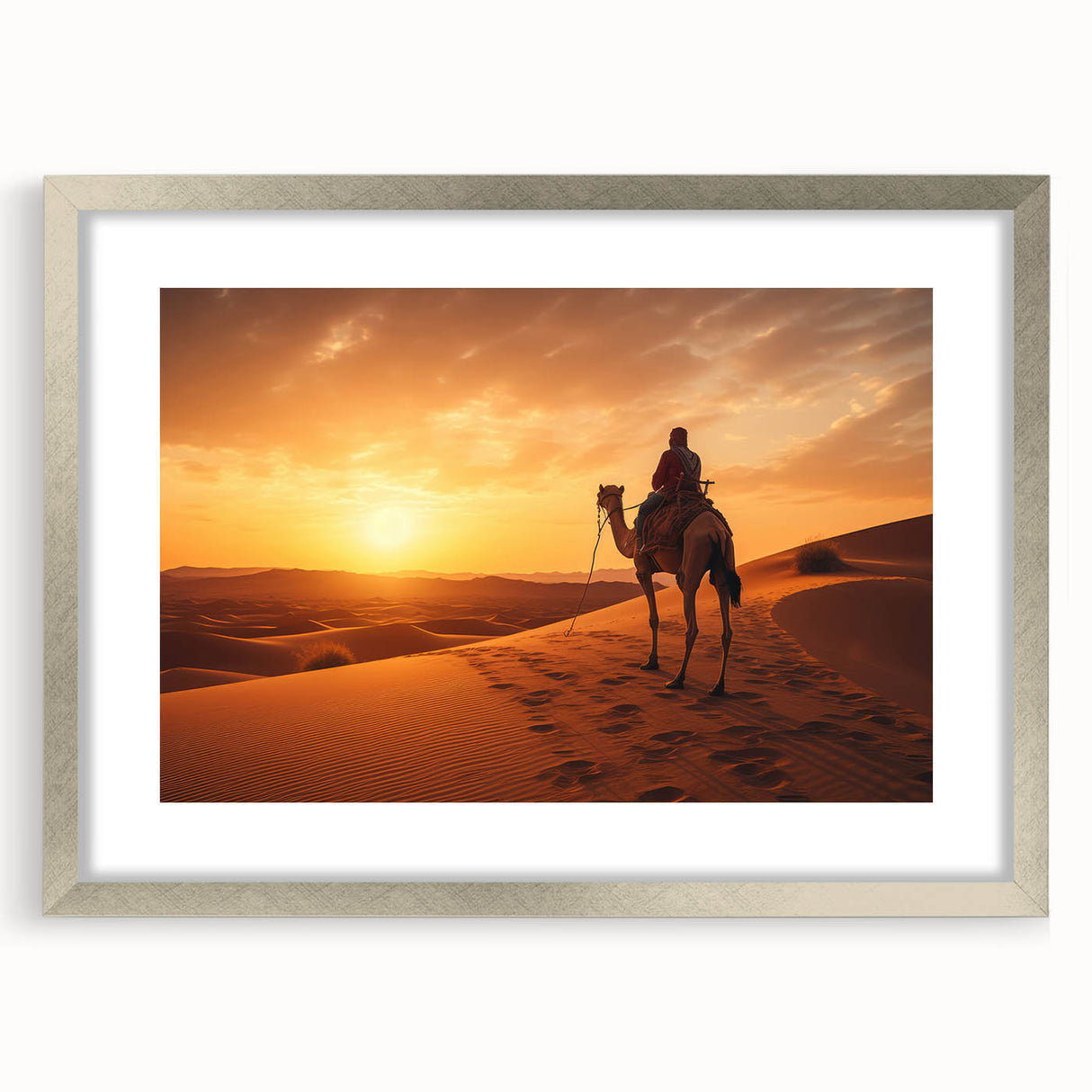 Front view of a silver-framed wall art collection featuring a camel design, showcasing intricate details and vibrant colors, perfect for animal-themed decor.