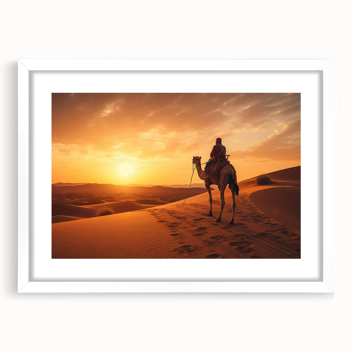 A beautifully framed wall art piece featuring a striking camel design in a desert landscape, showcasing earthy tones and intricate details, perfect for wildlife enthusiasts.
