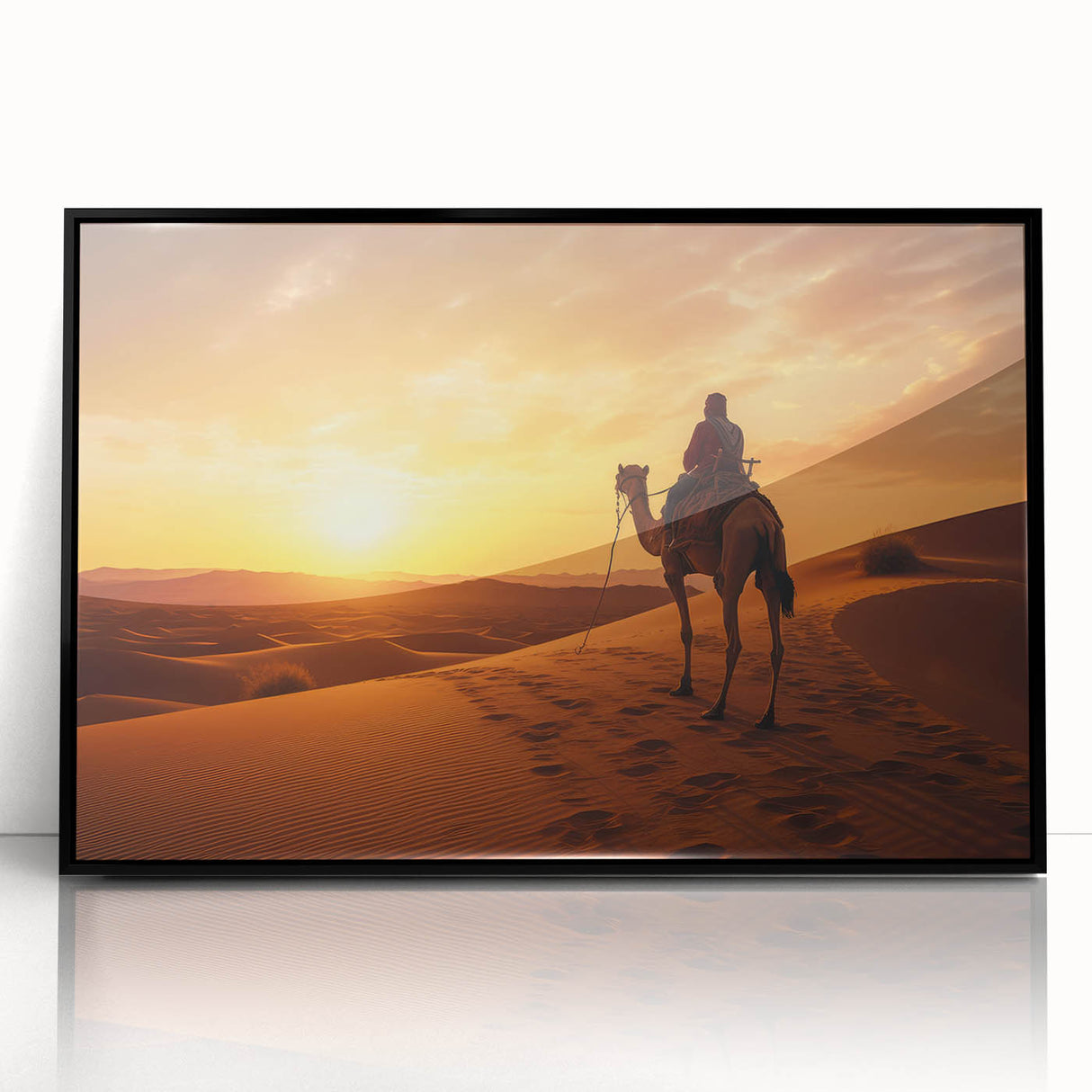 Framed wall art featuring a striking camel design in a black frame, showcasing vibrant colors and intricate details, ideal for animal lovers and desert-themed decor.