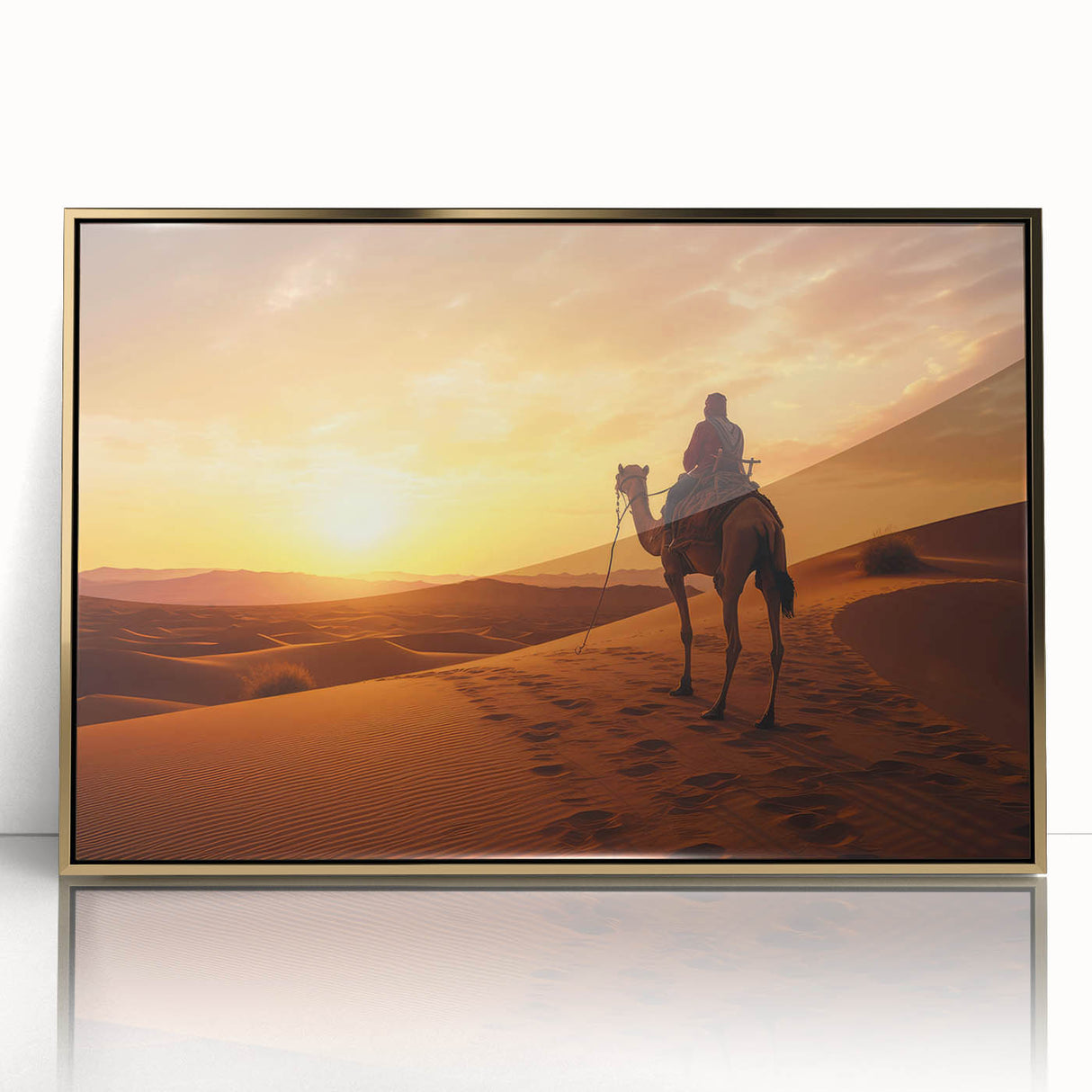 Framed acrylic wall art featuring a striking gold camel design with a front view perspective, ideal for adding a touch of elegance to any home decor. Perfect for animal lovers and art enthusiasts, this piece combines modern aesthetics with wildlife themes, enhancing interior spaces.