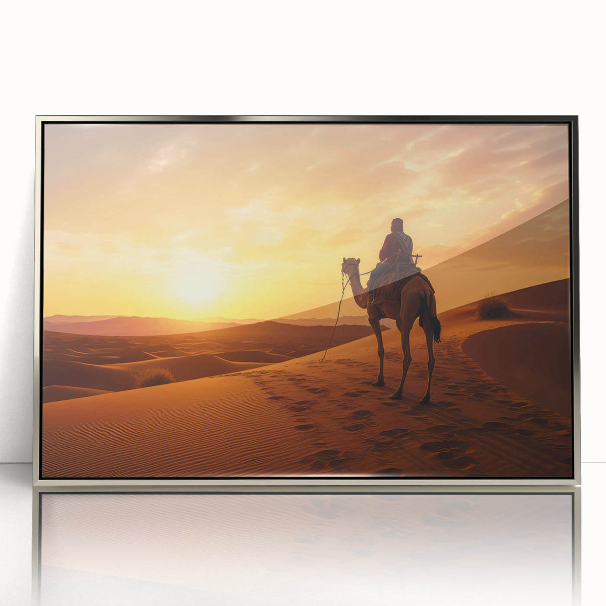 Framed acrylic wall art featuring a striking silver camel design, showcasing intricate details and vibrant colors, perfect for enhancing modern or eclectic decor.
