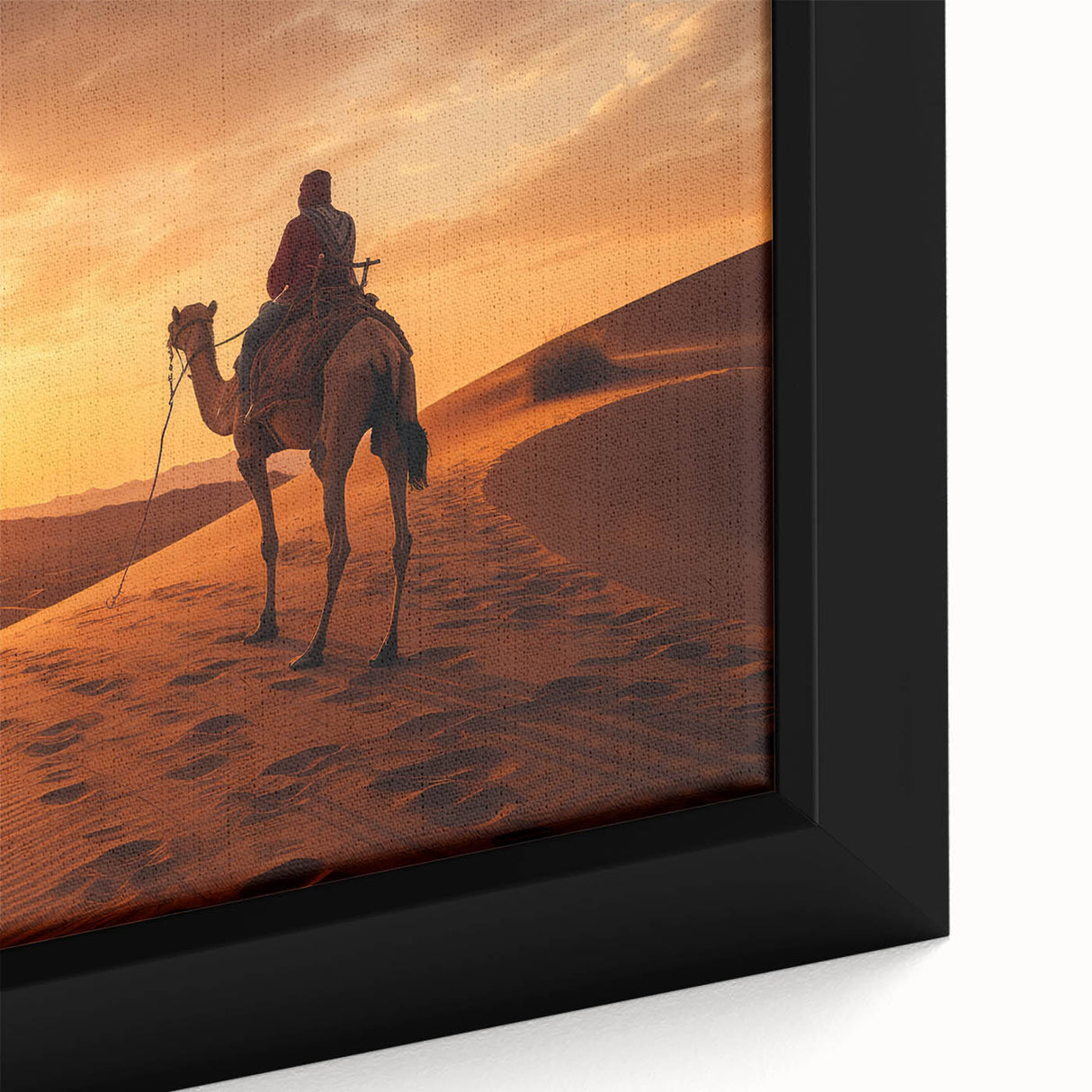 Close-up of a framed canvas wall art featuring a detailed design of a camel in a desert landscape, showcasing earthy tones and textures, perfect for enhancing home decor.