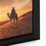 Close-up of a framed canvas wall art featuring a detailed design of a camel in a desert landscape, showcasing earthy tones and textures, perfect for enhancing home decor.
