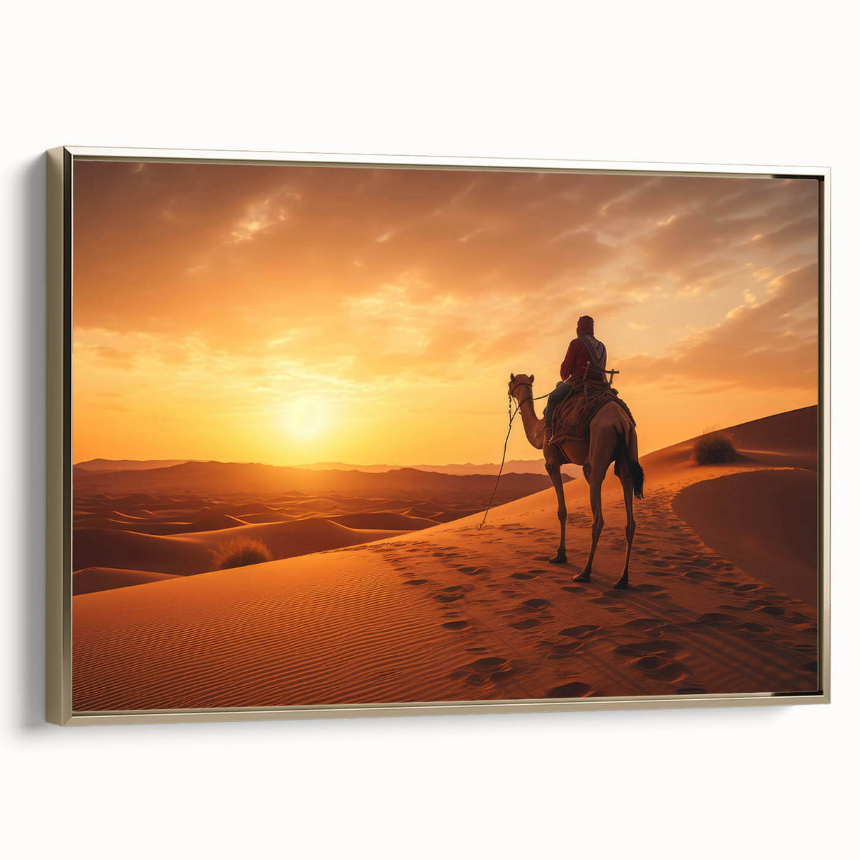 Framed wall art featuring a side view of a camel in a desert landscape, showcasing intricate details and a gold frame, perfect for animal lovers and home decor enthusiasts.