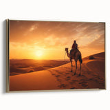 Framed wall art featuring a side view of a camel in a desert landscape, showcasing intricate details and a gold frame, perfect for animal lovers and home decor enthusiasts.