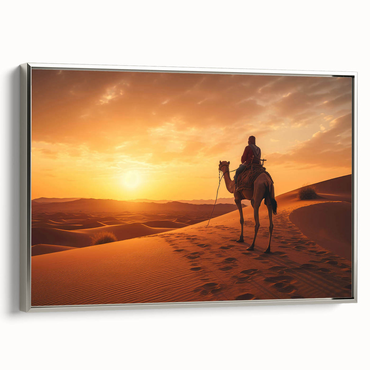 Framed canvas wall art featuring a realistic silver camel design in side view, showcasing intricate details and textures, perfect for wildlife enthusiasts and home decor.