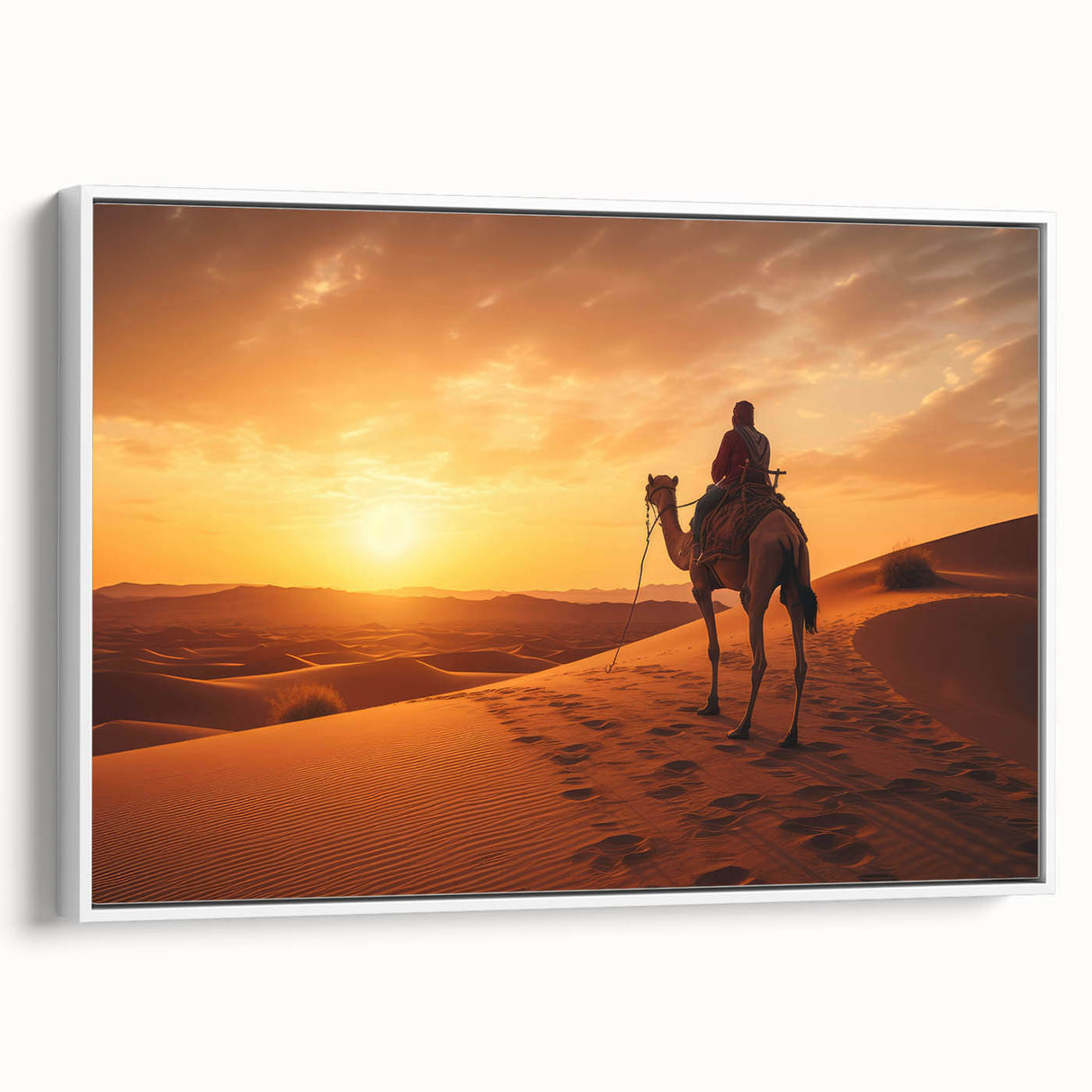 Framed wall art featuring a side view of a camel in a minimalist design, showcasing earthy tones against a white background, ideal for nature enthusiasts.