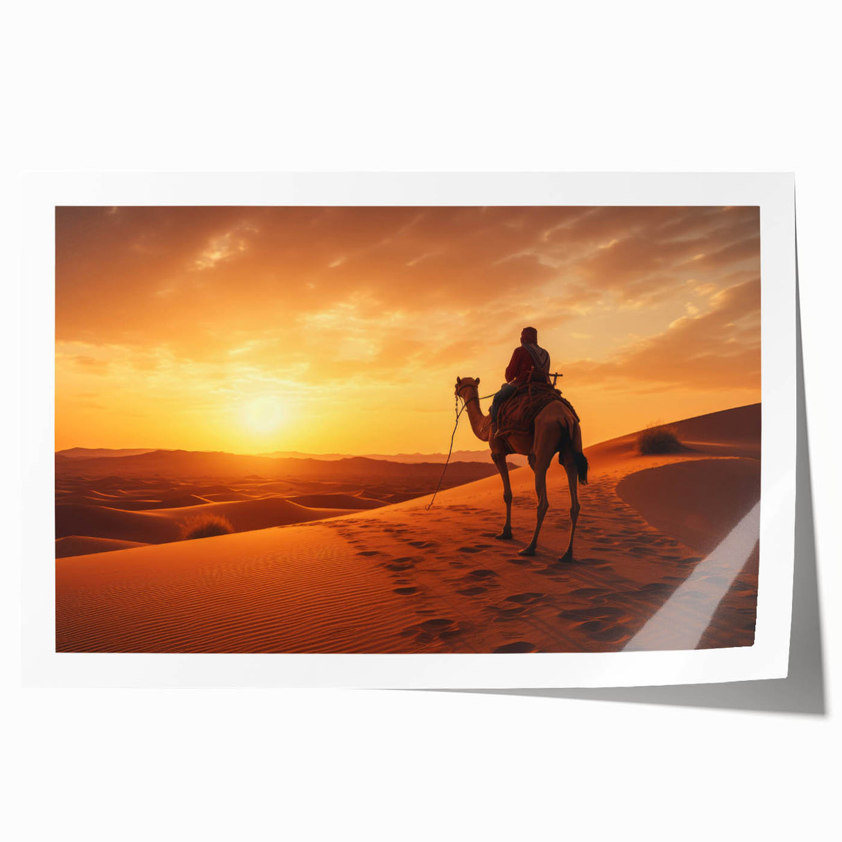 Colorful rolled wall art print featuring a majestic camel in a desert landscape, showcasing intricate details and vibrant hues, perfect for animal lovers and home decor enthusiasts.