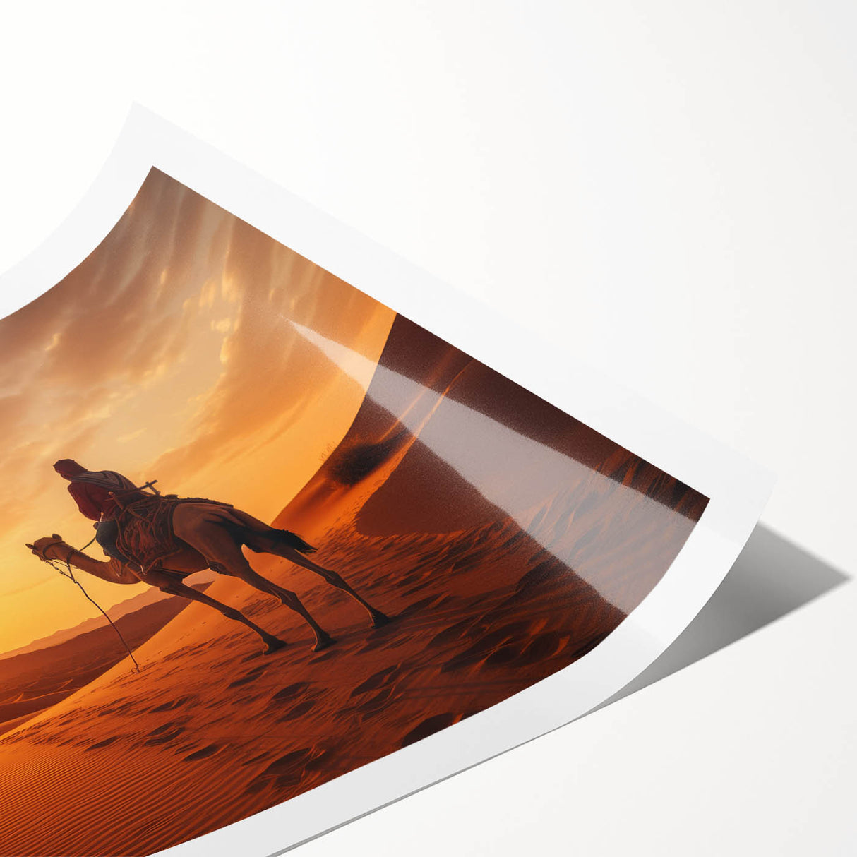 Camel wall art design showcasing a vibrant and colorful illustration of a camel in a desert landscape, perfect for enhancing bohemian home decor, rolled and ready for framing.