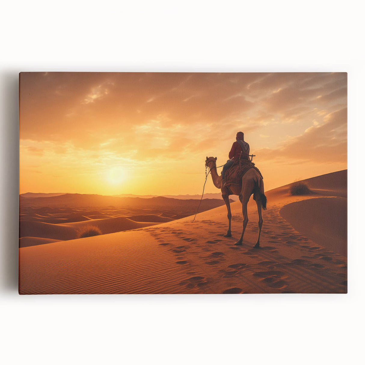 Front view of a vibrant camel wall art design on stretched canvas, showcasing intricate patterns and earthy colors, perfect for enhancing home decor.