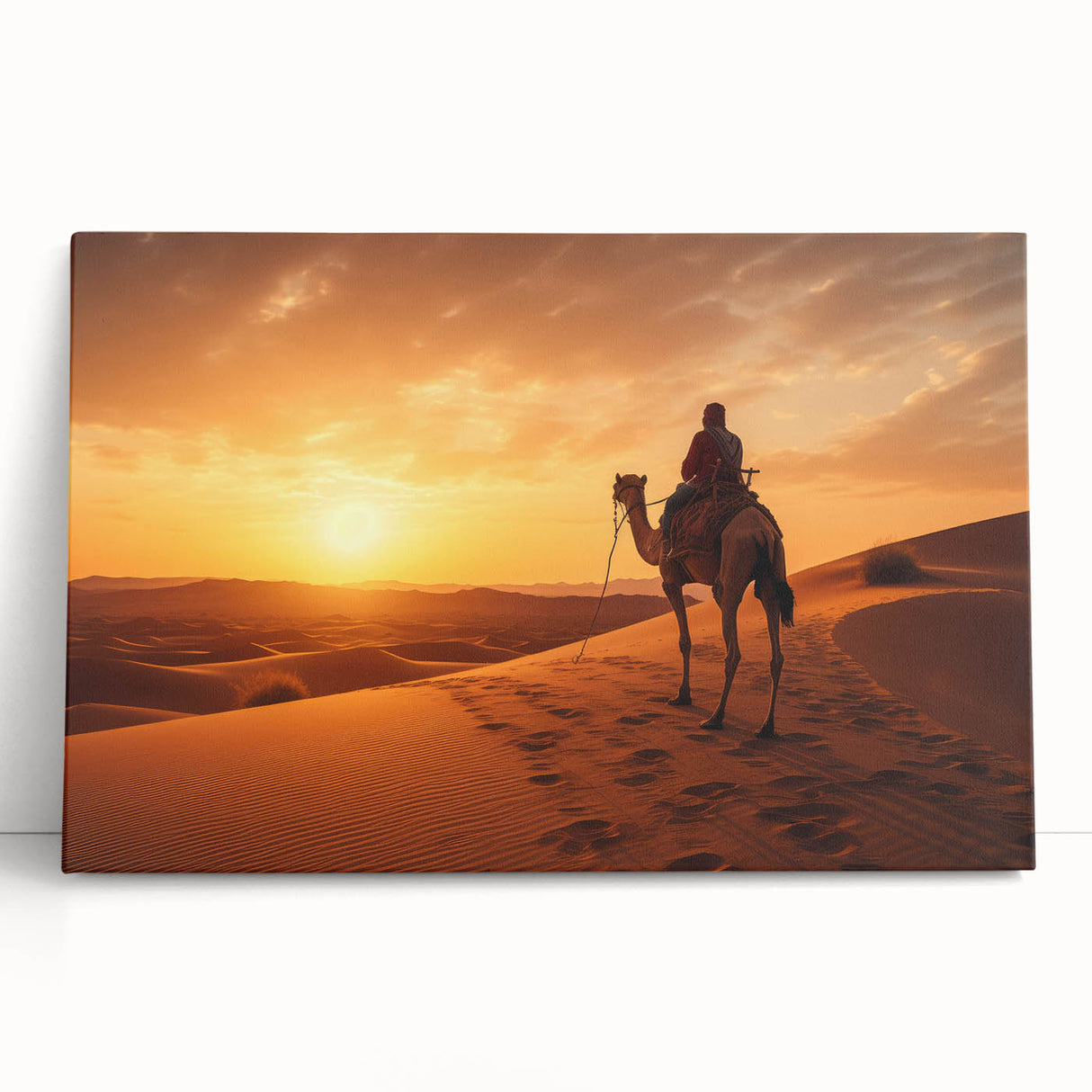 Stretched canvas wall art showcasing a beautifully designed camel against a vibrant desert backdrop, ideal for enhancing modern interior decor with a touch of wildlife elegance.