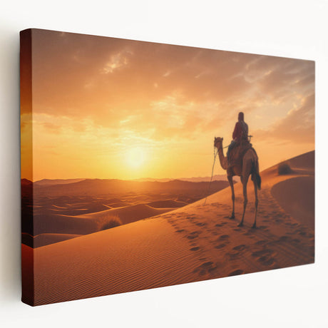 Side view of a stretched canvas wall art featuring a beautifully designed camel in a desert landscape, showcasing rich colors and intricate details, perfect for animal lovers and home decor enthusiasts.