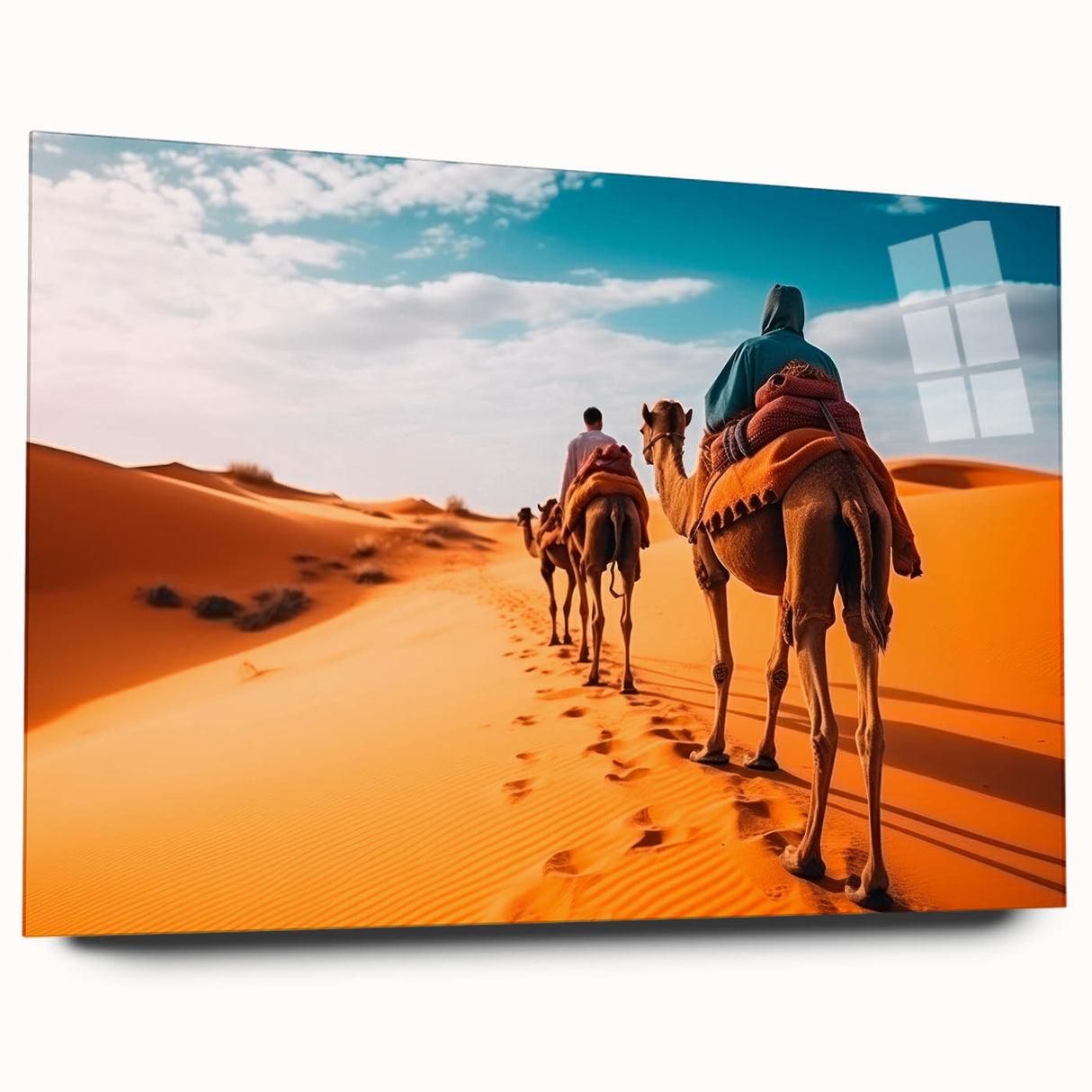 Acrylic wall art featuring a side view of a camel against a vibrant desert background, showcasing intricate details, perfect for animal lovers and desert decor enthusiasts.