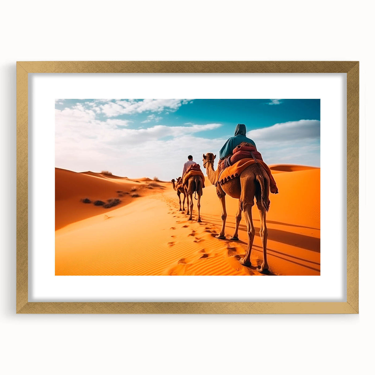 Golden-framed wall art featuring a stylized camel design, showcasing intricate details and vibrant colors, perfect for enhancing home decor with a wild theme.