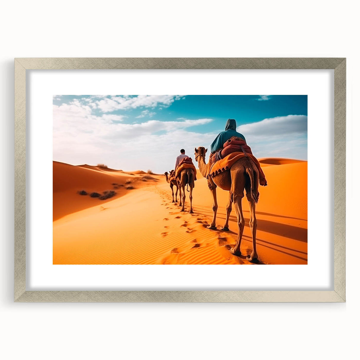 Framed wall art featuring a detailed camel design in a silver frame with a mat, perfect for adding a touch of wildlife elegance to home decor.