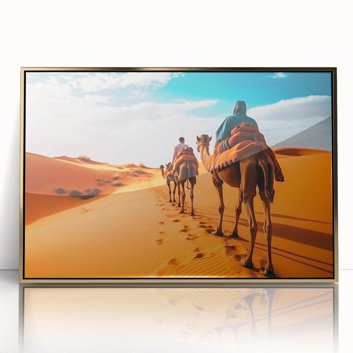 Framed acrylic wall art featuring a striking camel design in gold, showcasing a front view with intricate details, perfect for animal lovers and modern decor enthusiasts.