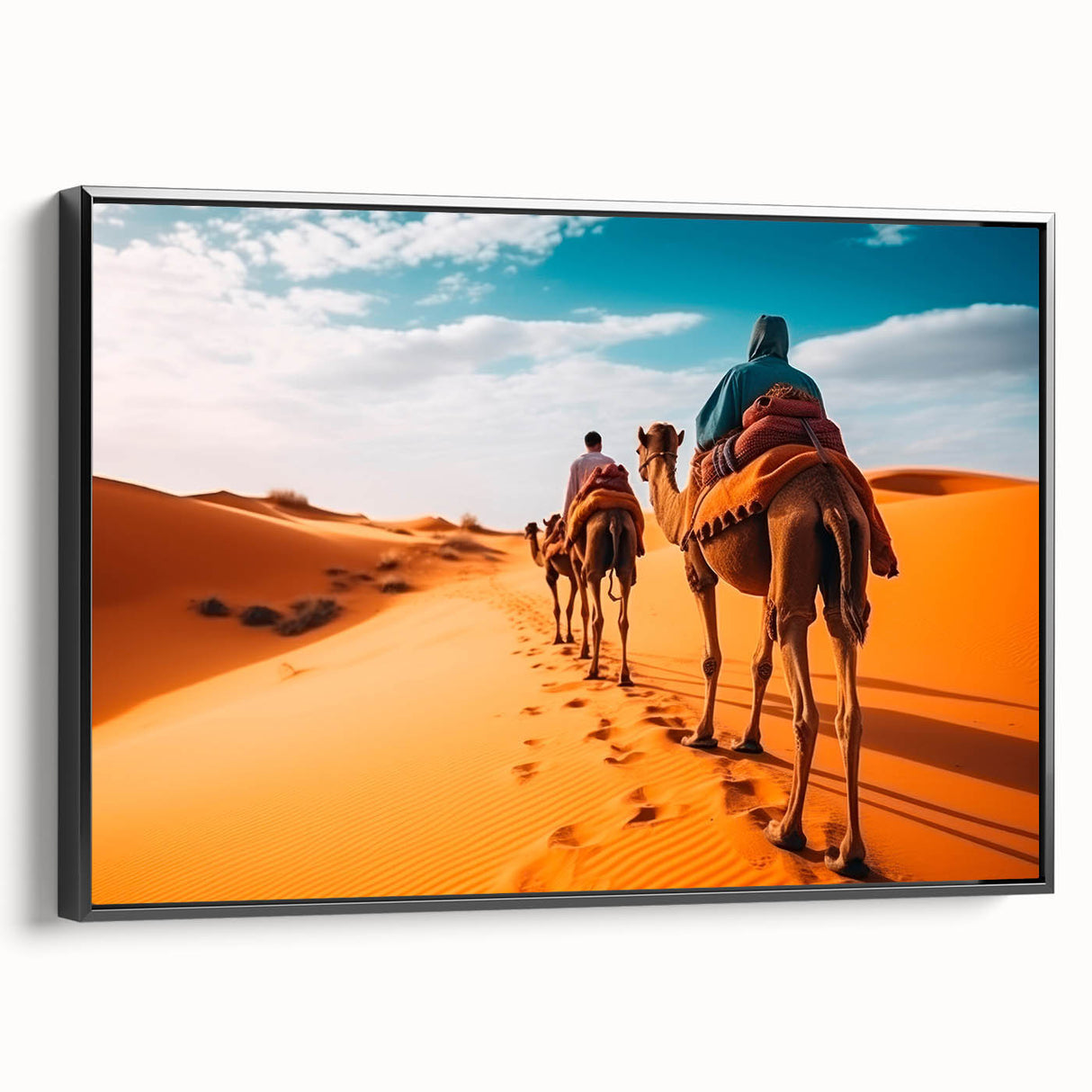 Framed wall art featuring a side view of a camel, designed with intricate patterns, set against a black background for a striking visual impact in any décor. Perfect for animal lovers and desert-themed interiors.