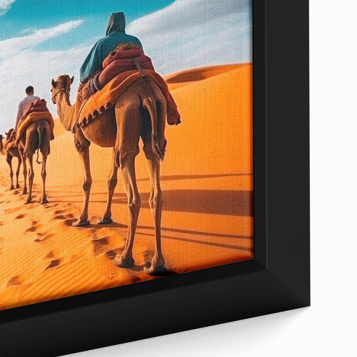 Close-up of a framed canvas wall art featuring a vibrant camel design, showcasing intricate details and earthy colors, perfect for enhancing home decor.