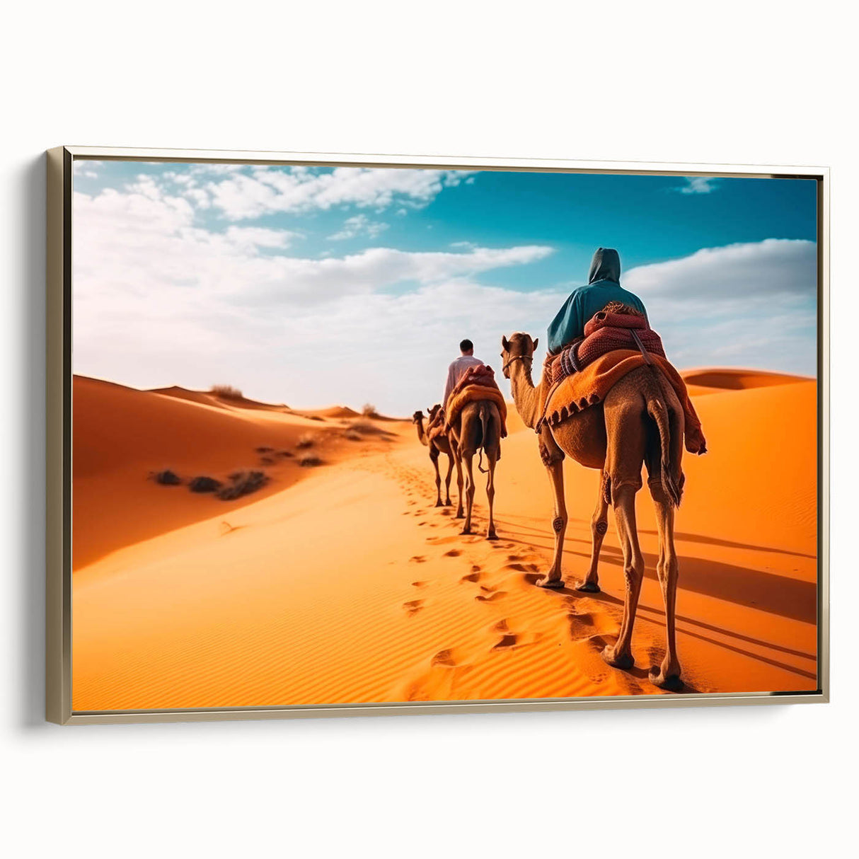 Framed canvas wall art depicting a side view of a gold-colored camel, showcasing intricate details and textures, perfect for animal lovers and decor enthusiasts.