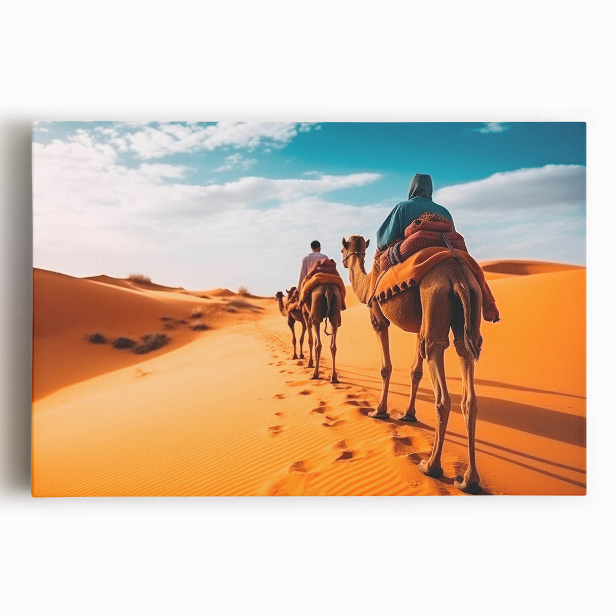Front view of a stretched canvas wall art featuring a detailed design of a camel, showcasing earthy tones and intricate patterns, ideal for animal enthusiasts and home decor.